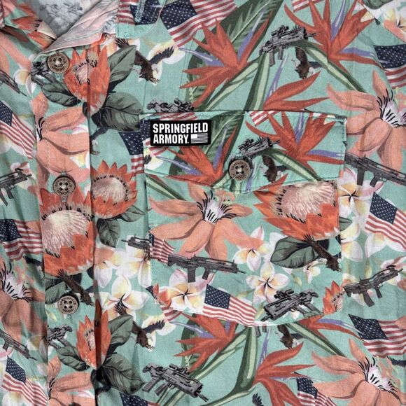 Springfield Armory Hawaiian Shirt Mens Size M Teal Gun American Flag AOP Bullpup - Picture 5 of 16